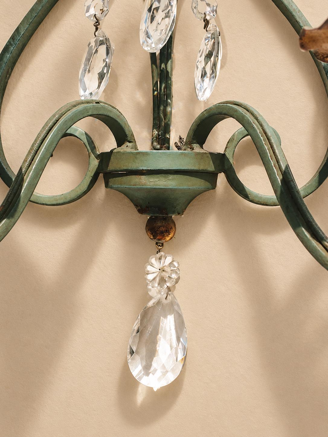 Pair of Vintage 1950s Verdigris Wrought Iron Wall Sconces, Gilt Fleur-de-Lis Crest, Glass Drops, Hollywood Regency Lights