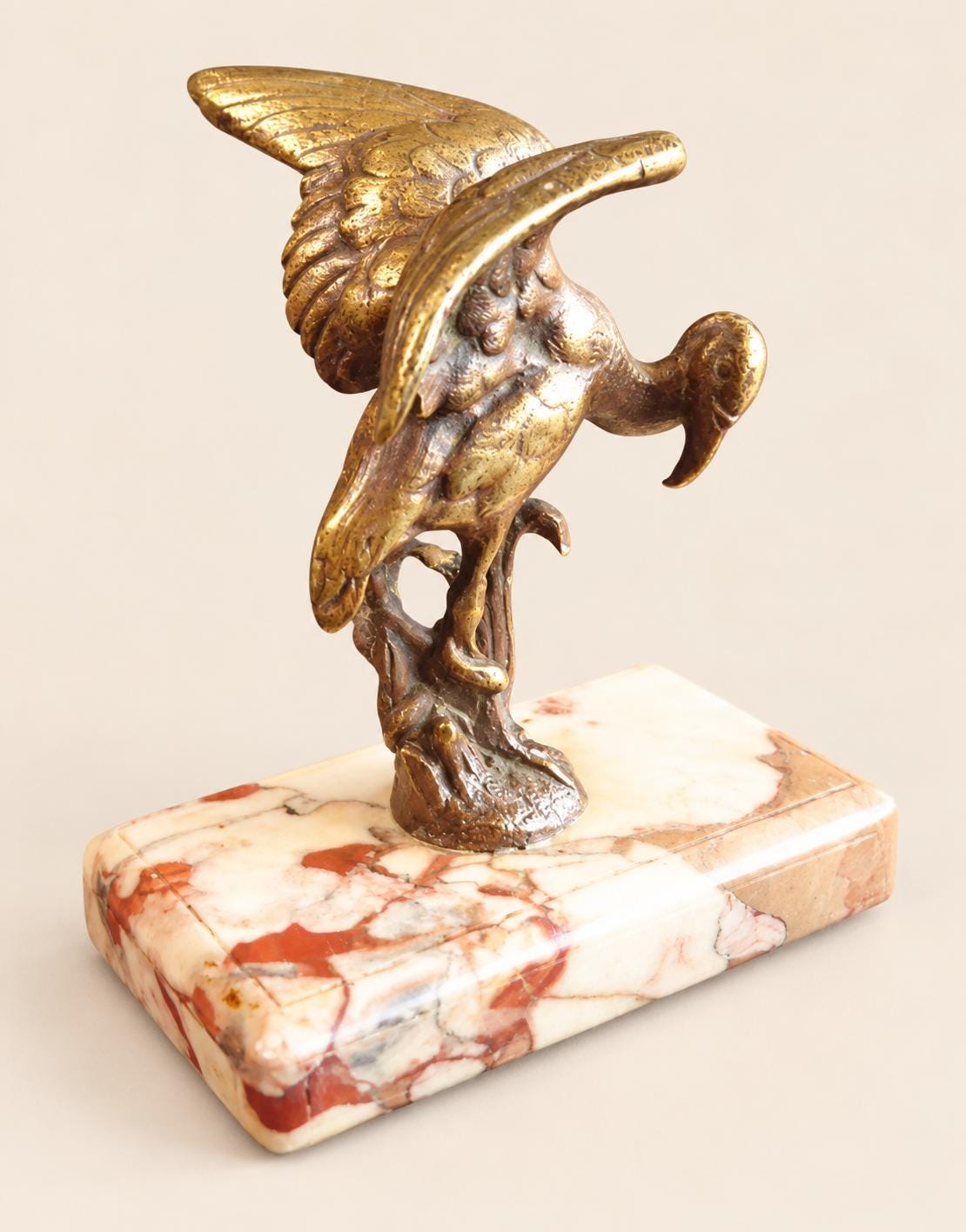 Vintage Bronze Heron Paperweight on Red Veined Marble Base, Bird with Raised Wings Among Reeds, Animalier Desk Sculpture