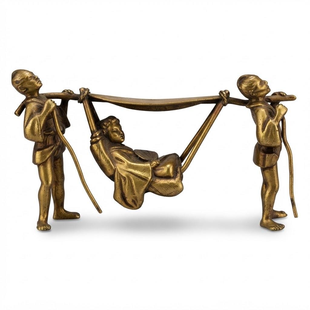 Antique Napoleon III Japonisme Bronze Figure Group, Two Bearers Carrying a Lady with Fan in a Hammock Litter, 19th Century