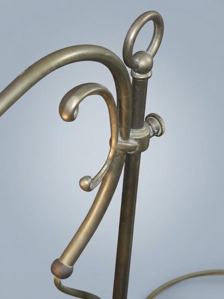 Vintage Adjustable Brass-Tone Desk Lamp with Brown Ribbed Glass Bell Shade, Ring Finial and Curved Arm, 43 cm