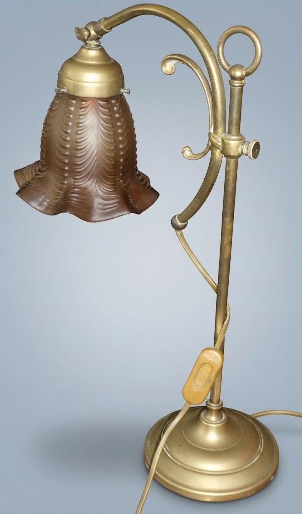 Vintage Adjustable Brass-Tone Desk Lamp with Brown Ribbed Glass Bell Shade, Ring Finial and Curved Arm, 43 cm