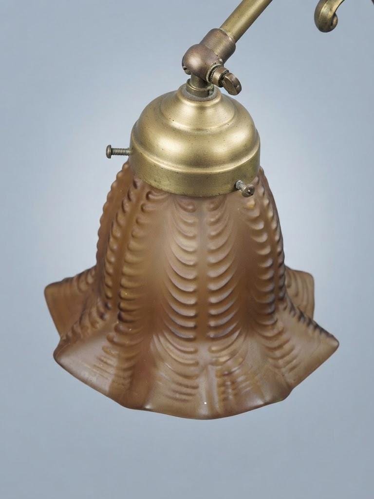 Vintage Adjustable Brass-Tone Desk Lamp with Brown Ribbed Glass Bell Shade, Ring Finial and Curved Arm, 43 cm