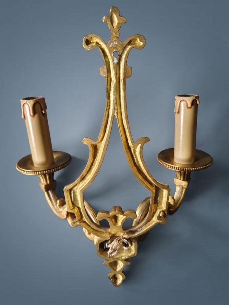 Set of Three Vintage Louis XVI Style Bronze Wall Sconces, Two-Arm Lyre Backplate with Fleur-de-Lis Crest and Beaded Bobeches