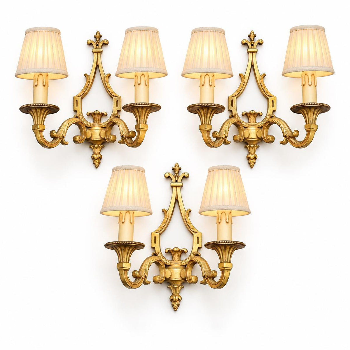 Set of Three Vintage Louis XVI Style Bronze Wall Sconces, Two-Arm Lyre Backplate with Fleur-de-Lis Crest and Beaded Bobeches