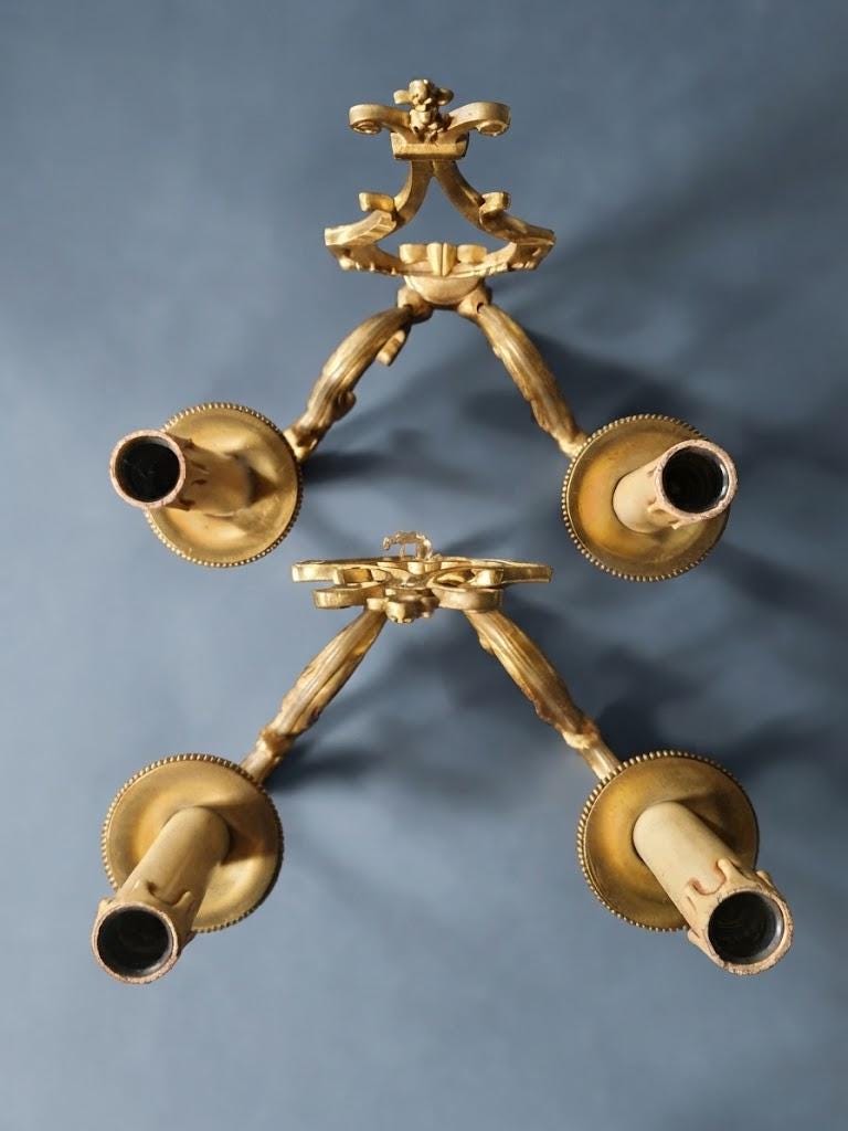 Set of Three Vintage Louis XVI Style Bronze Wall Sconces, Two-Arm Lyre Backplate with Fleur-de-Lis Crest and Beaded Bobeches