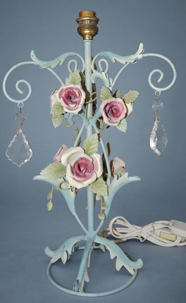 Pair of Vintage Painted Tole Table Lamps with Pink Roses and Glass Drops, Pale Blue Scrolled Metal Frame, Shabby Chic Decor