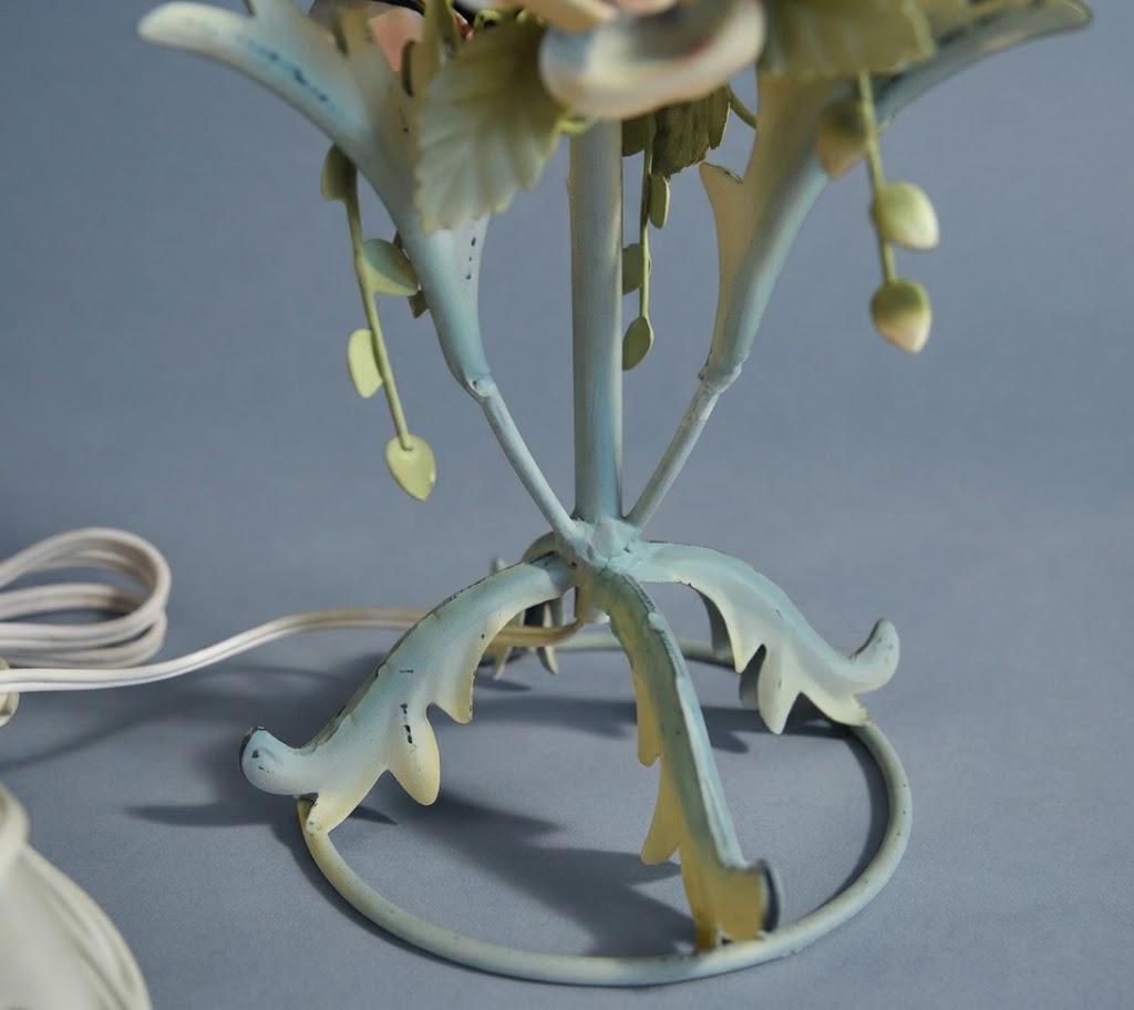 Pair of Vintage Painted Tole Table Lamps with Pink Roses and Glass Drops, Pale Blue Scrolled Metal Frame, Shabby Chic Decor