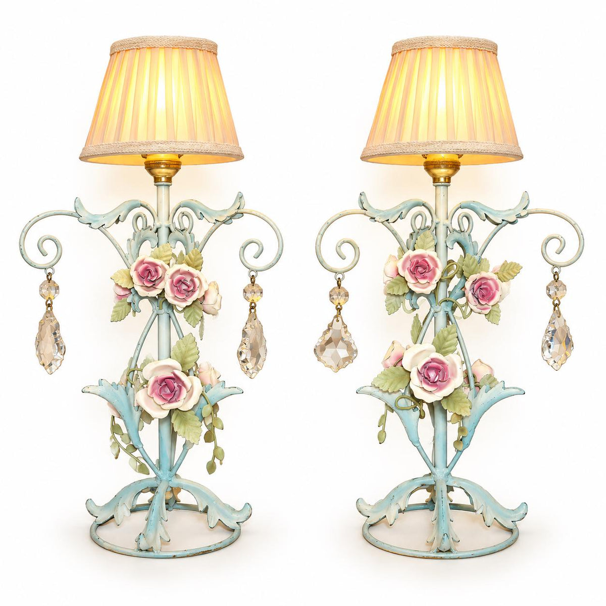 Pair of Vintage Painted Tole Table Lamps with Pink Roses and Glass Drops, Pale Blue Scrolled Metal Frame, Shabby Chic Decor