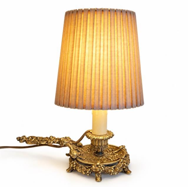 Vintage French Bronze Chamberstick Table Lamp with Pleated Shade, Ornate Scroll Handle and Small Feet, 28 cm