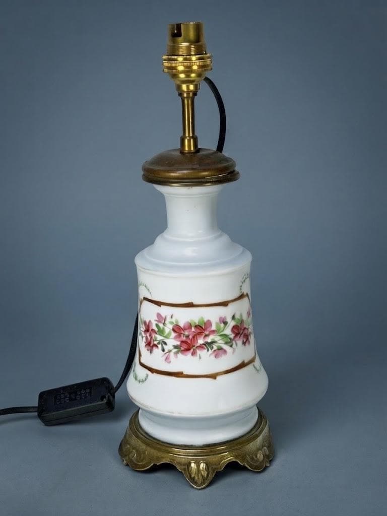 Antique 19th Century Hand-Painted Porcelain Table Lamp, Pink Floral Garland on White, Bronze Scroll Foot, Converted Oil Lamp