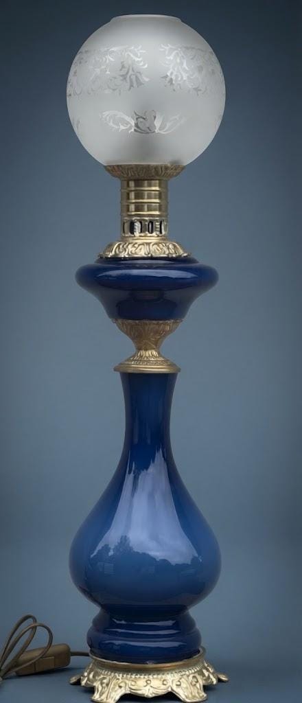 Large Vintage Cobalt Blue Porcelain Baluster Table Lamp with Etched Frosted Glass Globe, Bronze Mounts, Converted Oil Lamp
