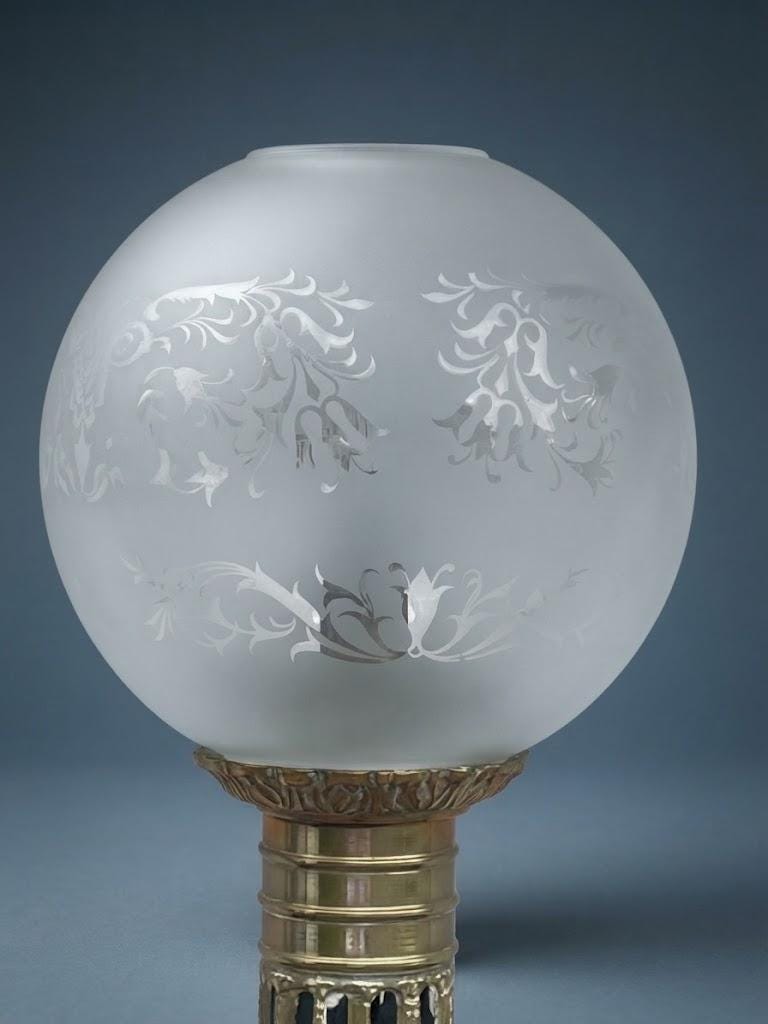 Large Vintage Cobalt Blue Porcelain Baluster Table Lamp with Etched Frosted Glass Globe, Bronze Mounts, Converted Oil Lamp
