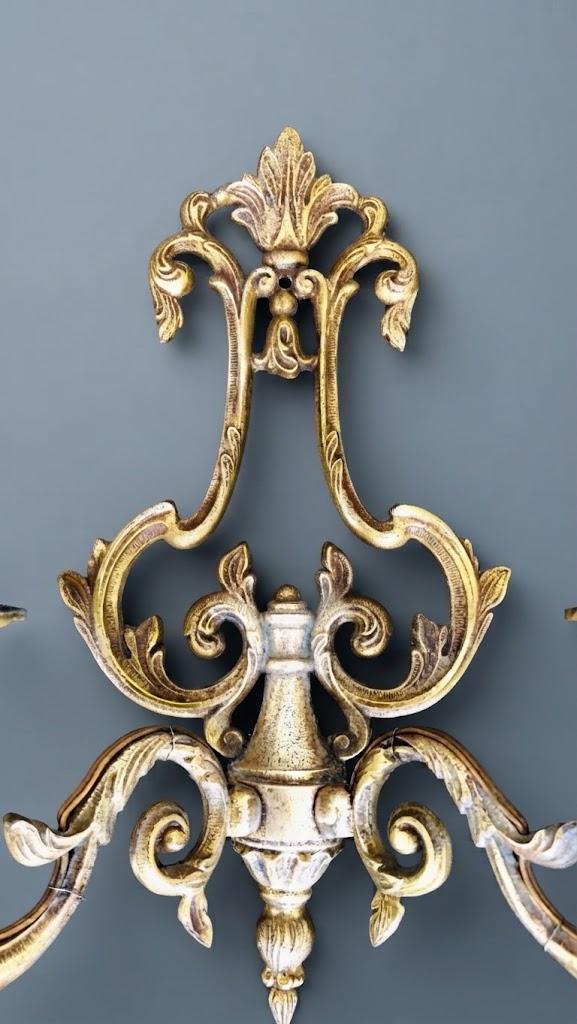 Pair of Vintage Louis XV Style Bronze Wall Sconces, Two-Arm Lyre Backplate with Palmette Crest and Scrolling Acanthus Arms