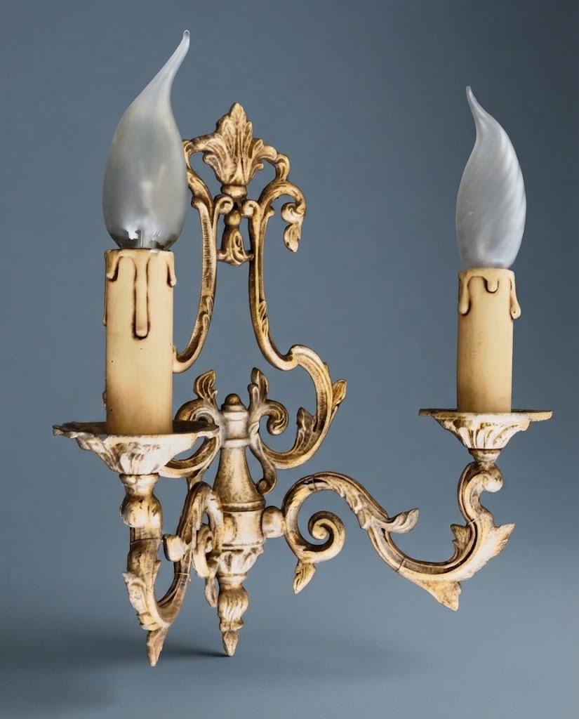 Pair of Vintage Louis XV Style Bronze Wall Sconces, Two-Arm Lyre Backplate with Palmette Crest and Scrolling Acanthus Arms