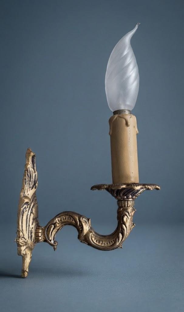 Pair of Vintage 1970s Small Bronze Single-Arm Wall Sconces, Louis XV Style Rocaille Shell Backplate, Acanthus Bobeche, Candle Lights