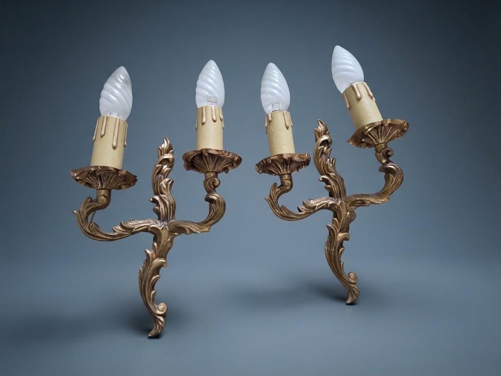 Pair of Vintage Louis XV Style Brass or Bronze Wall Sconces, Two-Arm Rocaille Acanthus Design with Fluted Cup Bobeches, Candle Lights