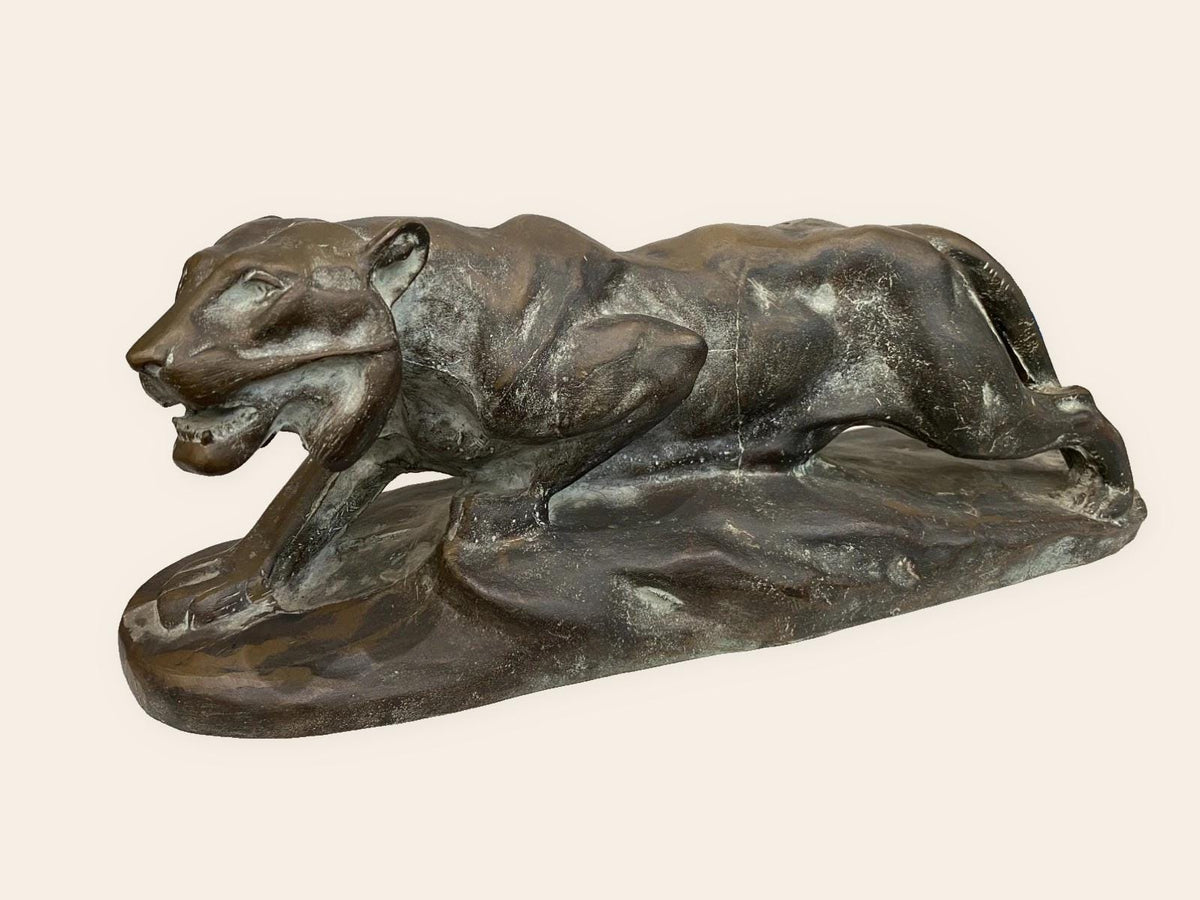 Vintage Art Deco Bronze Panther Sculpture, Stalking Big Cat on Naturalistic Base, Large Animalier Statue, 18.5 Inches Long