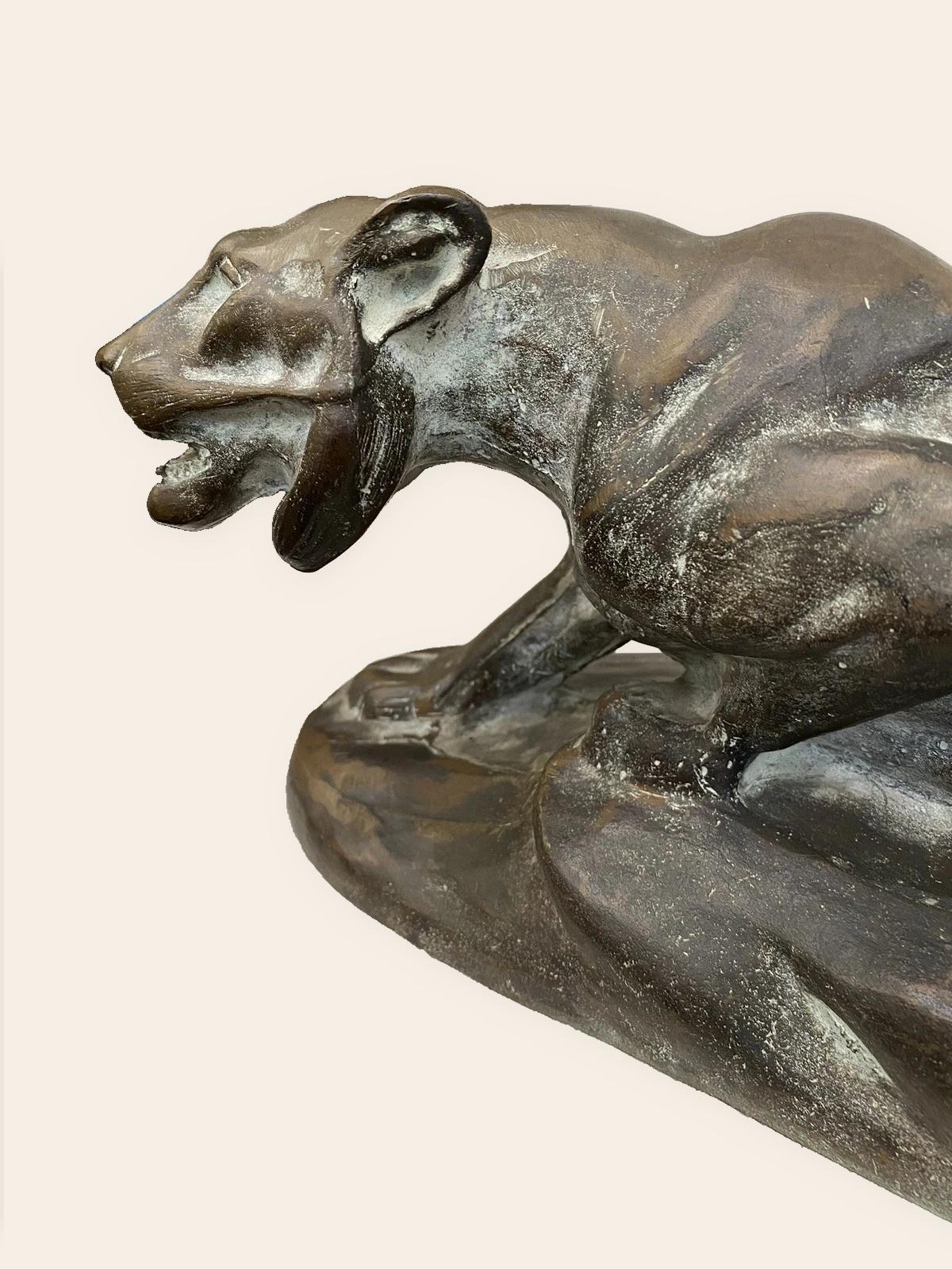 Vintage Art Deco Bronze Panther Sculpture, Stalking Big Cat on Naturalistic Base, Large Animalier Statue, 18.5 Inches Long