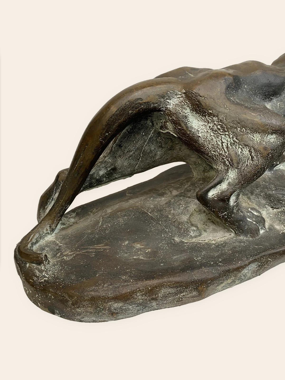 Vintage Art Deco Bronze Panther Sculpture, Stalking Big Cat on Naturalistic Base, Large Animalier Statue, 18.5 Inches Long
