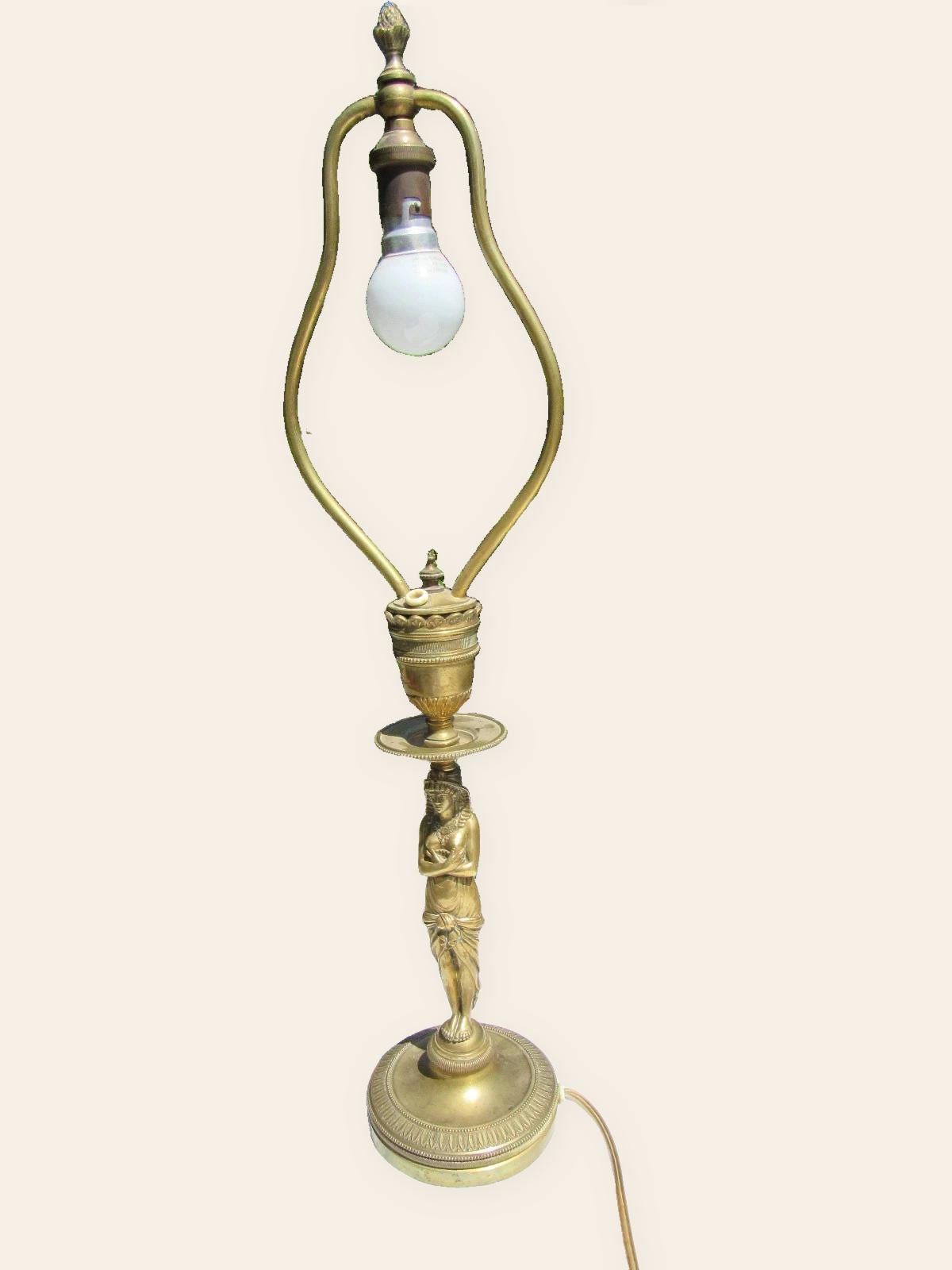 Antique 19th Century Gilt Bronze Egyptian Revival Caryatid Table Lamp, Draped Female Figure Stem, Urn Collar, Shade Harp