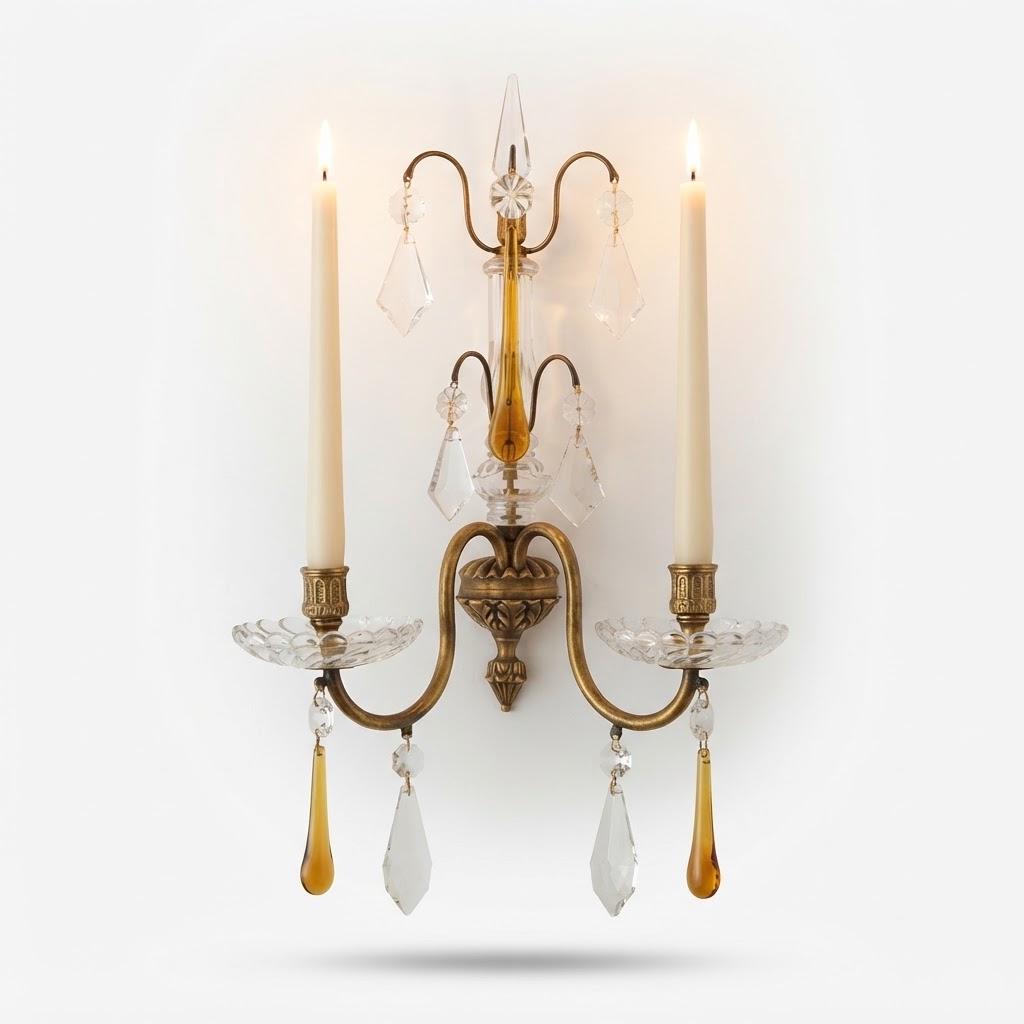 Vintage Neoclassical Brass and Cut Glass Two-Arm Candle Wall Sconce with Amber and Clear Glass Drops