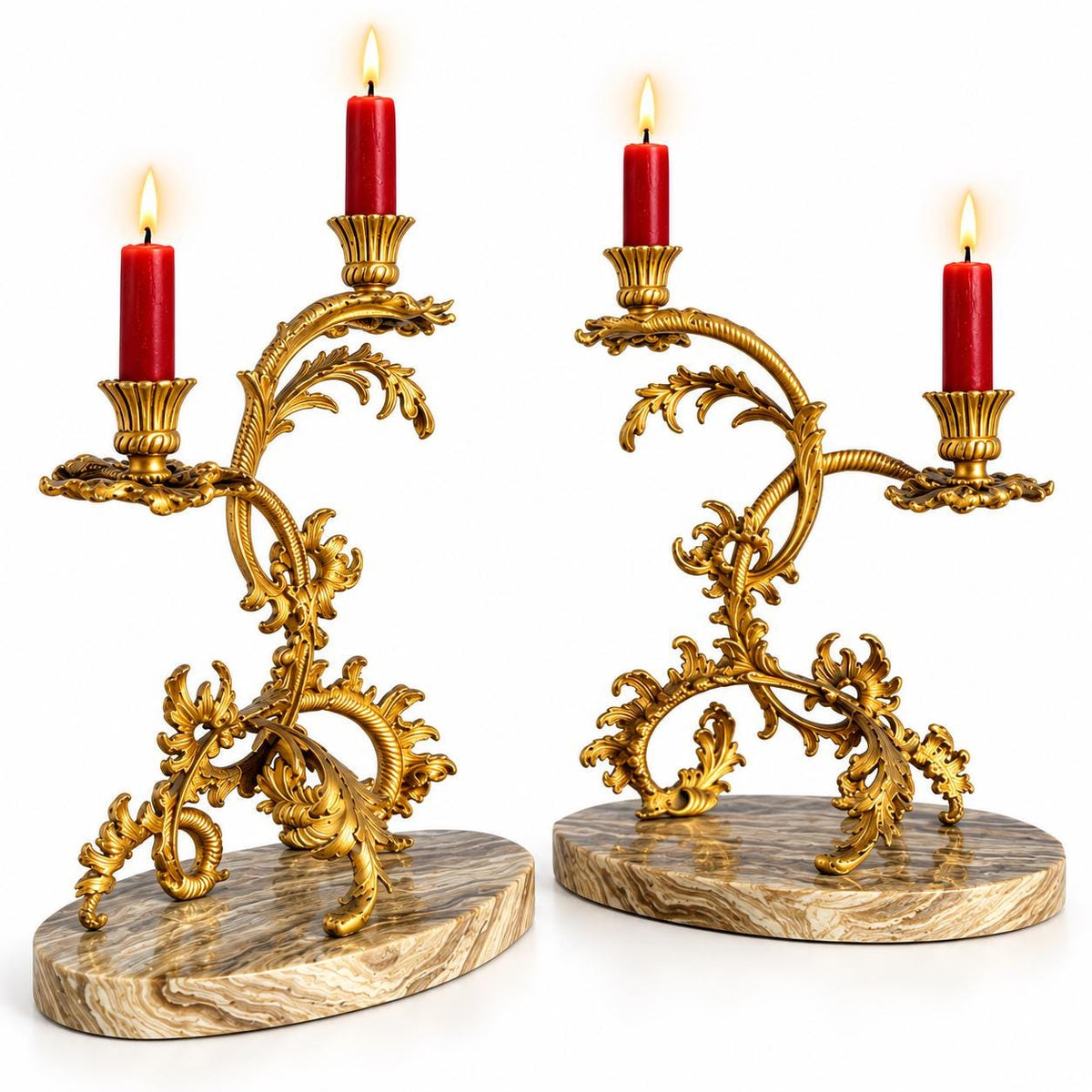 Vintage Pair of Gilt Metal Rococo Two-Light Candelabra on Marble Bases, Mirrored Acanthus Scroll Design