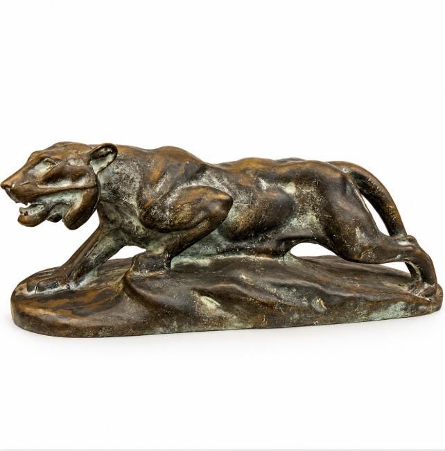 Vintage Art Deco Bronze Panther Sculpture, Stalking Big Cat on Naturalistic Base, Large Animalier Statue, 18.5 Inches Long