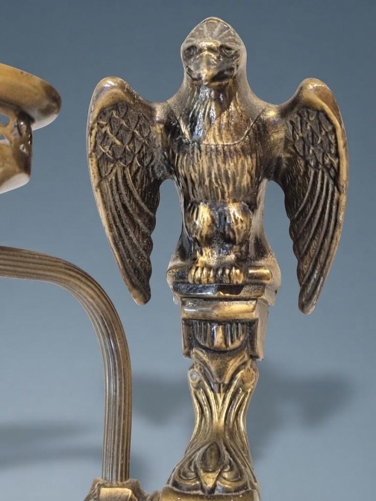 Pair of Vintage Empire Style Brass-Tone Wall Sconces with Imperial Eagle, Single-Arm Reeded Swan Neck, Pierced Shade Gallery