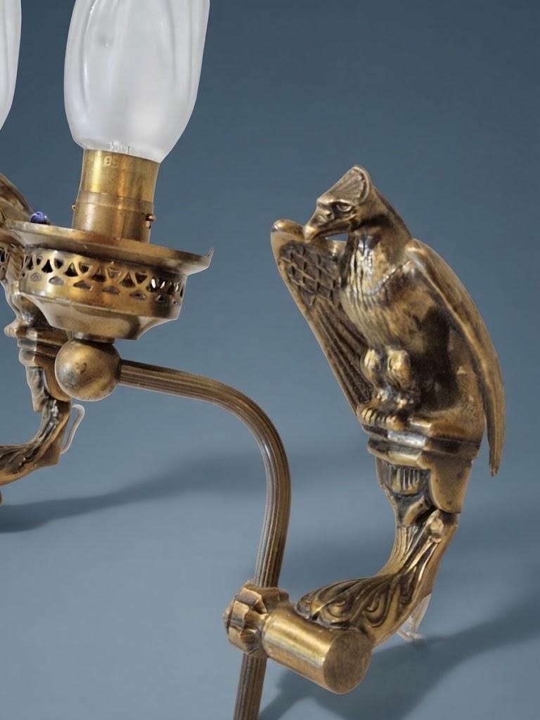 Pair of Vintage Empire Style Brass-Tone Wall Sconces with Imperial Eagle, Single-Arm Reeded Swan Neck, Pierced Shade Gallery