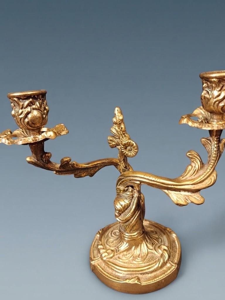 Pair of Antique Louis XV Style Gilt Bronze Two-Light Candelabra, Rocaille Scroll Arms with Flower Bud Cups, circa 1880