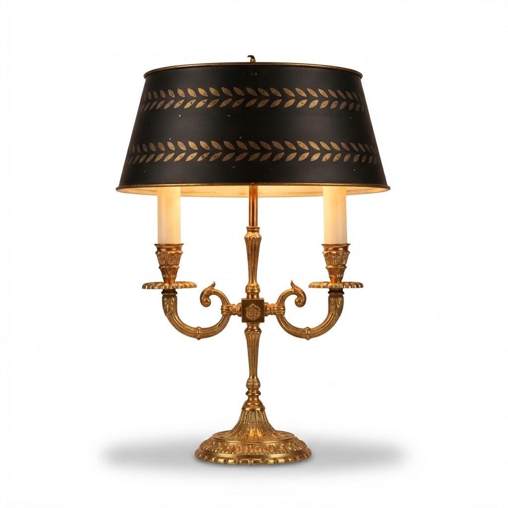 Vintage Louis XVI Style Bronze Bouillotte Lamp with Black Tole Shade and Gilt Laurel Leaf Bands, Two Lights, Rosette Stem