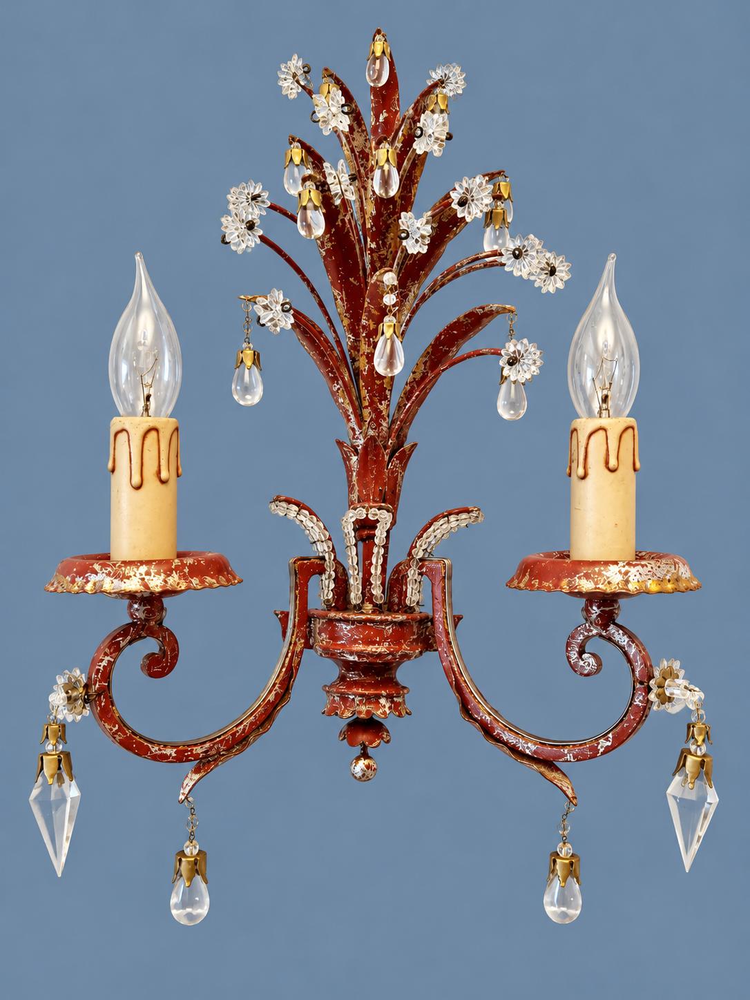 Vintage Red and Gilt Tole Wall Sconce with Crystal Flowers and Drops, Pineapple Leaf Plume, Two Lights, Hollywood Regency