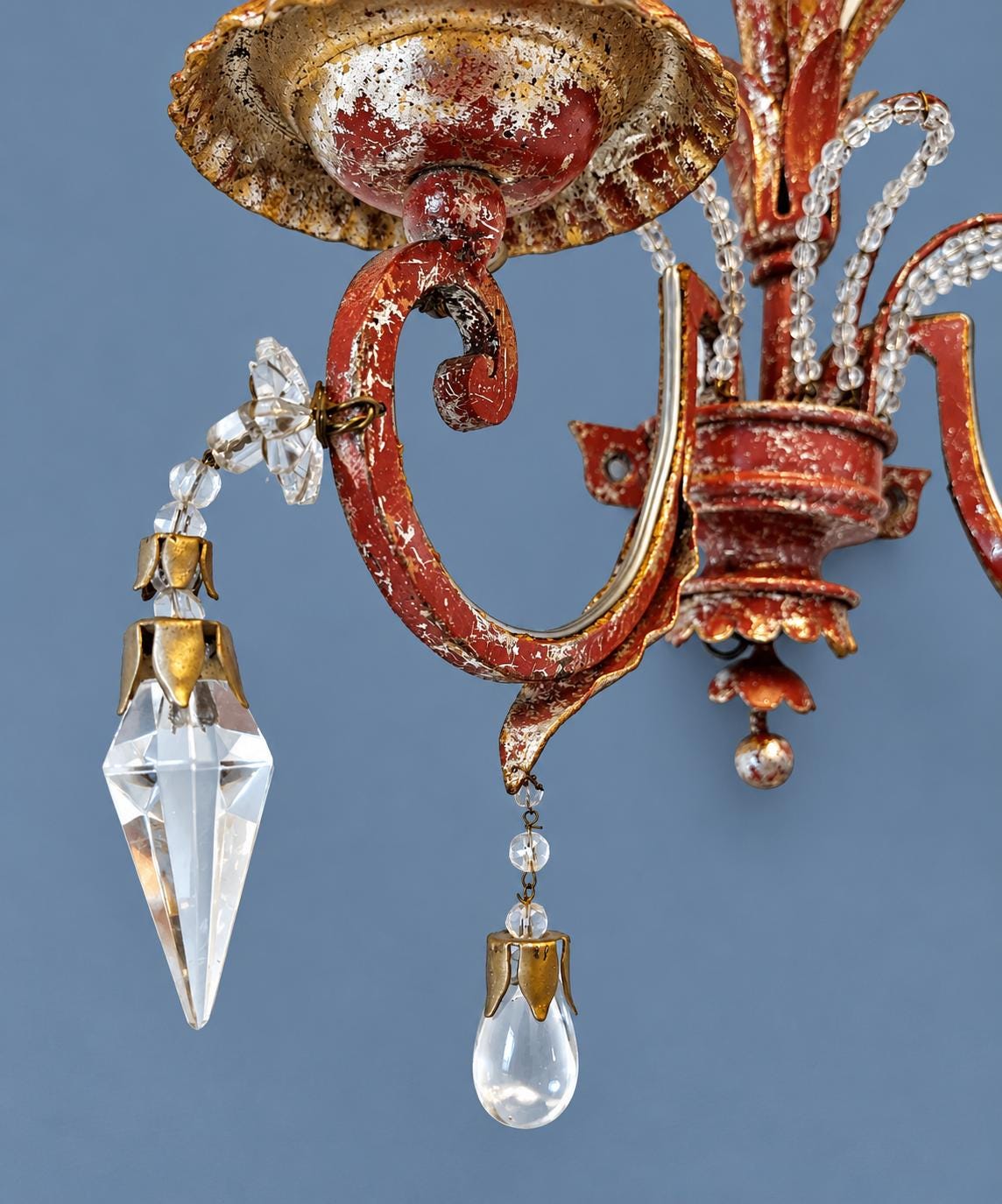 Vintage Red and Gilt Tole Wall Sconce with Crystal Flowers and Drops, Pineapple Leaf Plume, Two Lights, Hollywood Regency