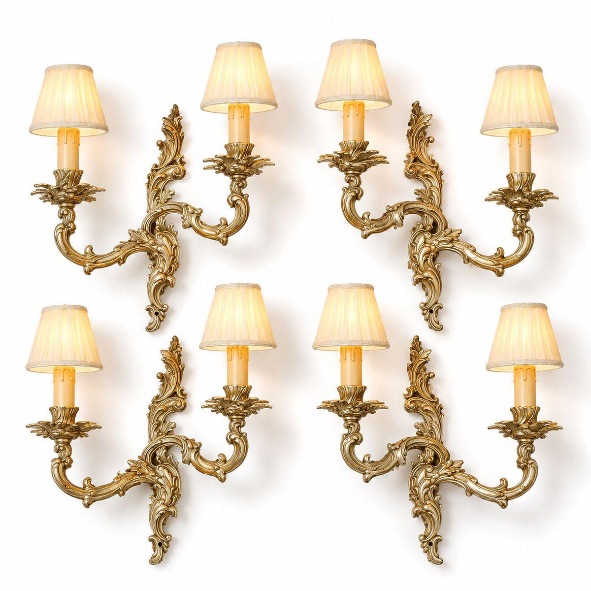 Set of Four Vintage Louis XV Style Bronze Wall Sconces, Two-Arm Rocaille Acanthus Design with Leaf Bobeches, Two Pairs