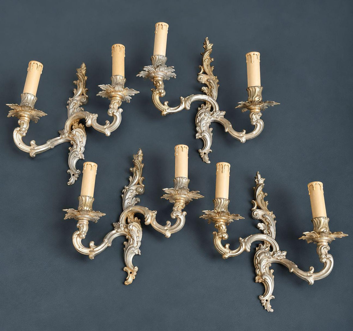 Set of Four Vintage Louis XV Style Bronze Wall Sconces, Two-Arm Rocaille Acanthus Design with Leaf Bobeches, Two Pairs