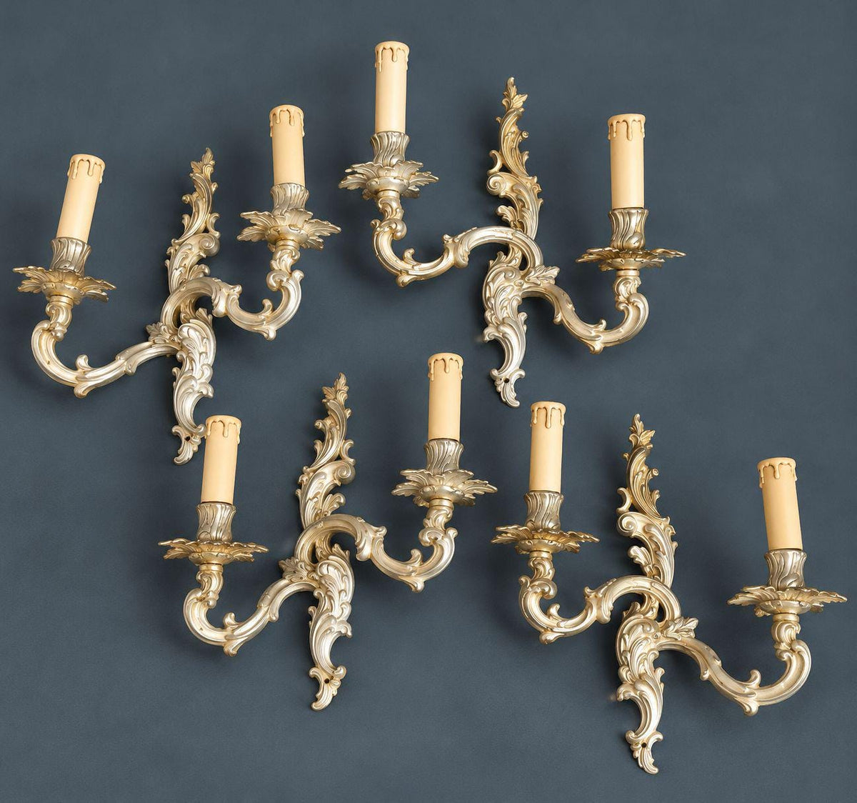 Set of Four Vintage Louis XV Style Bronze Wall Sconces, Two-Arm Rocaille Acanthus Design with Leaf Bobeches, Two Pairs