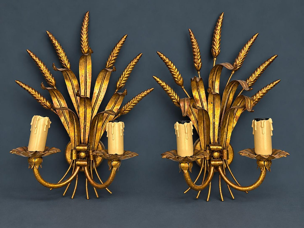 Pair of Vintage Gilt Tole Wheat Sheaf Wall Sconces, Two-Light Hollywood Regency Design with Ribbon Tie and Drip Sleeves