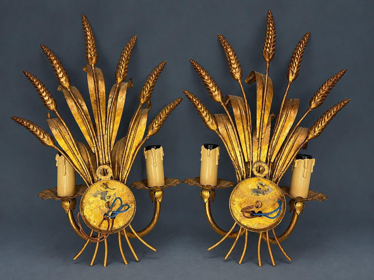 Pair of Vintage Gilt Tole Wheat Sheaf Wall Sconces, Two-Light Hollywood Regency Design with Ribbon Tie and Drip Sleeves