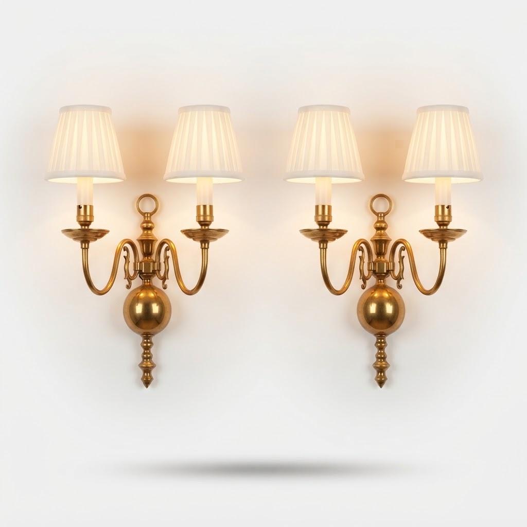 Pair of Brass-Tone Two-Arm Wall Sconces, Dutch Baroque Style, Vintage Ball Base Lights