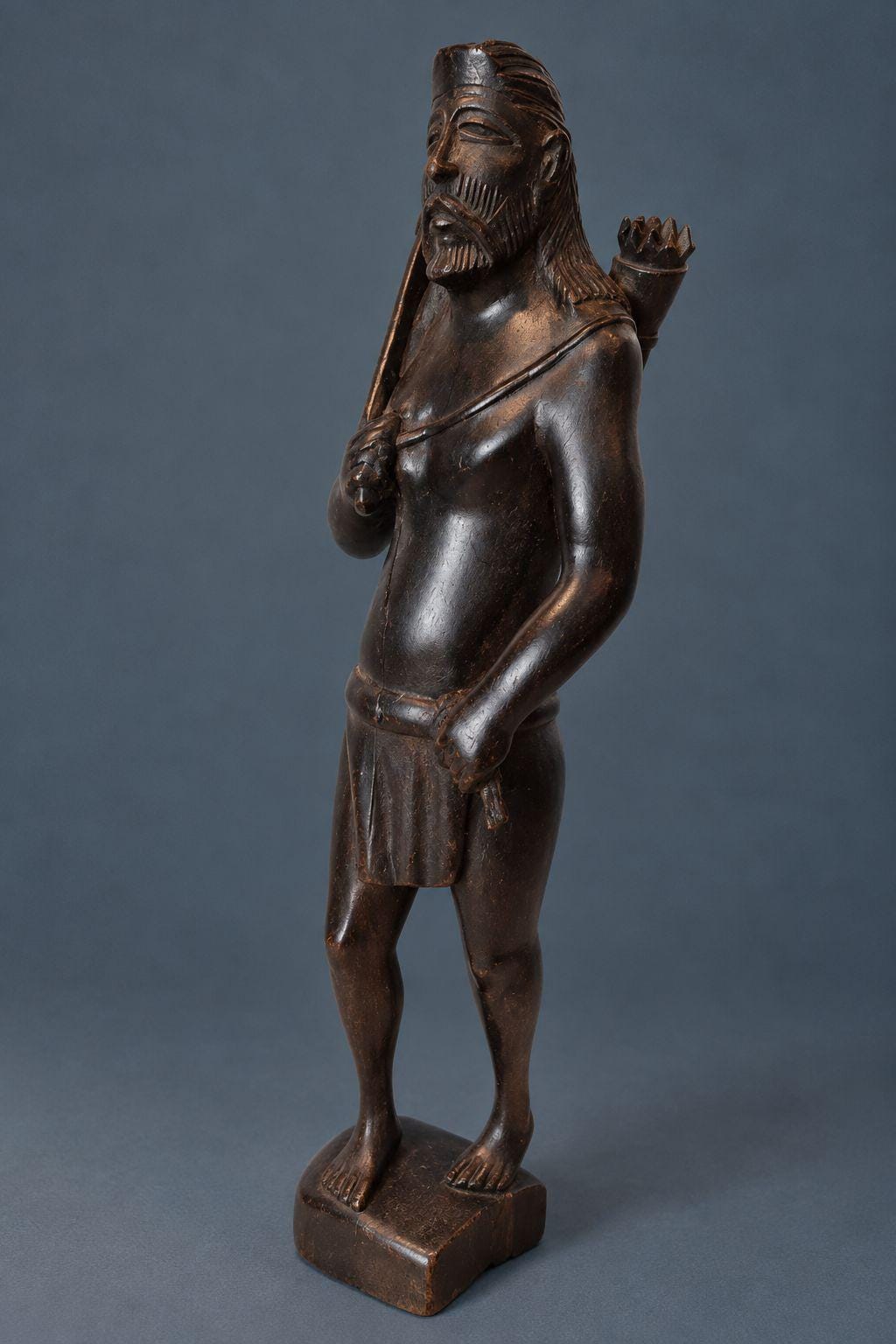 Vintage Hand-Carved Dark Wood Hunter Figure with Spear and Quiver of Arrows, Standing Warrior Statue, Folk Art Sculpture