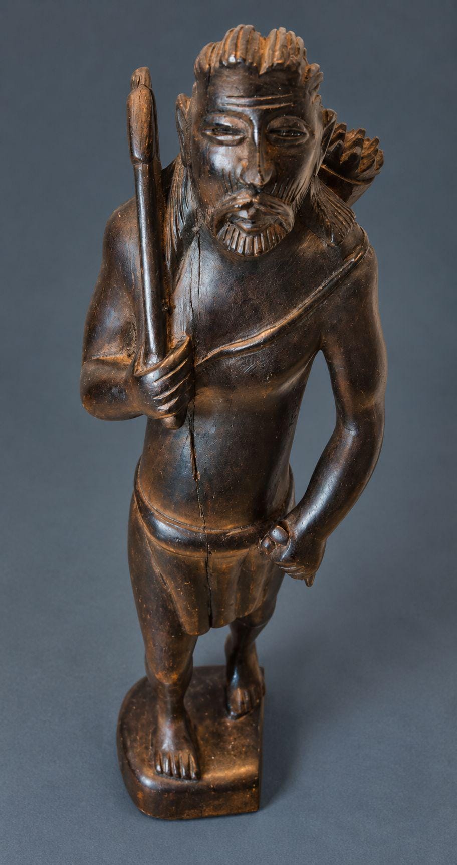 Vintage Hand-Carved Dark Wood Hunter Figure with Spear and Quiver of Arrows, Standing Warrior Statue, Folk Art Sculpture