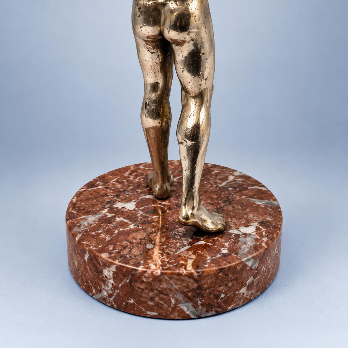Art Deco Style Archer Statue, Silver-Tone Metal Bowman on Red Stone Base, Vintage