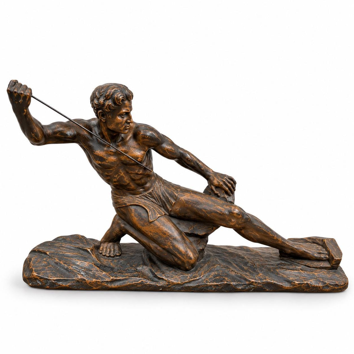 Art Deco Style Plaster Warrior Statue with Spear, Kneeling Figure, Dark Patina, Vintage