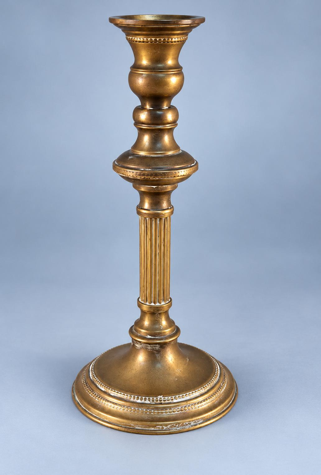 Brass Neoclassical Candlestick with Fluted Column and Beaded Base, Louis XVI Style, Vintage