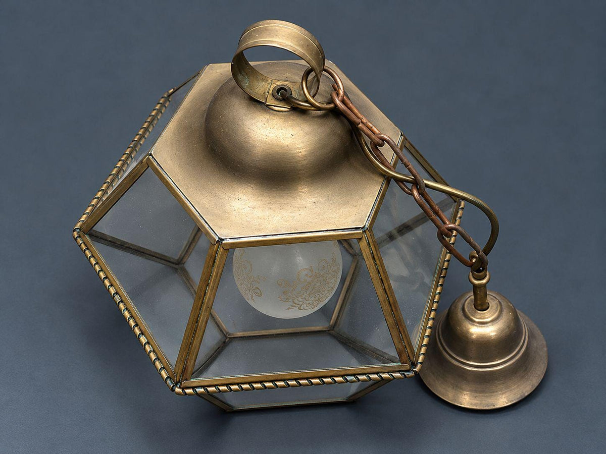 Vintage Hexagonal Brass and Glass Hall Lantern Pendant, Rope Twist Band, Etched Frosted Globe Inside, Bell Canopy and Chain