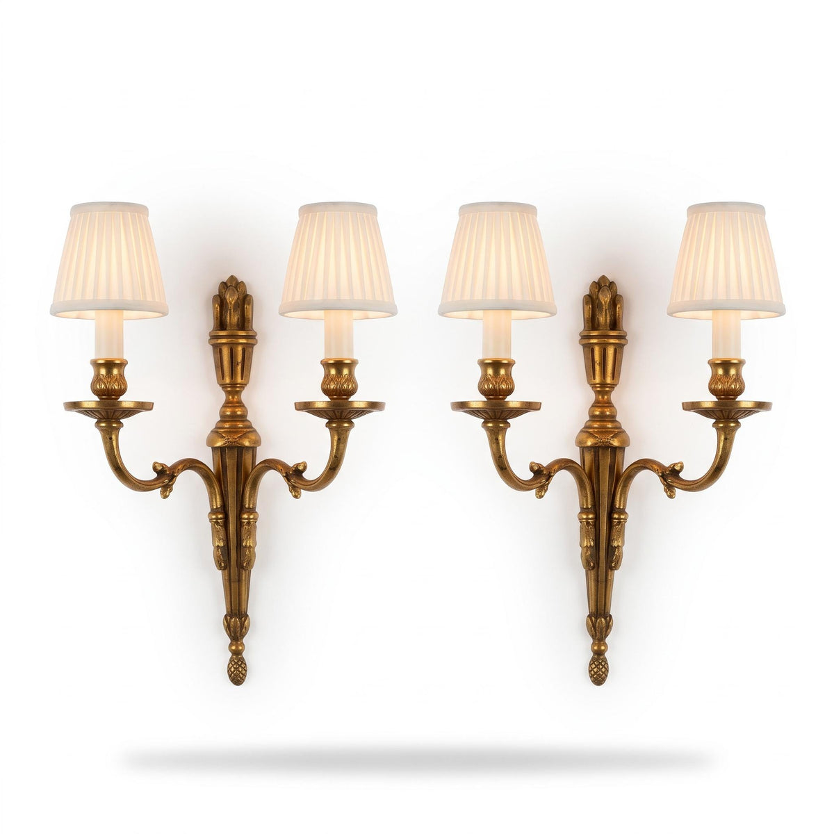 Pair of Brass Louis XVI Style Torch Wall Sconces, Two-Arm Neoclassical Lights, Vintage