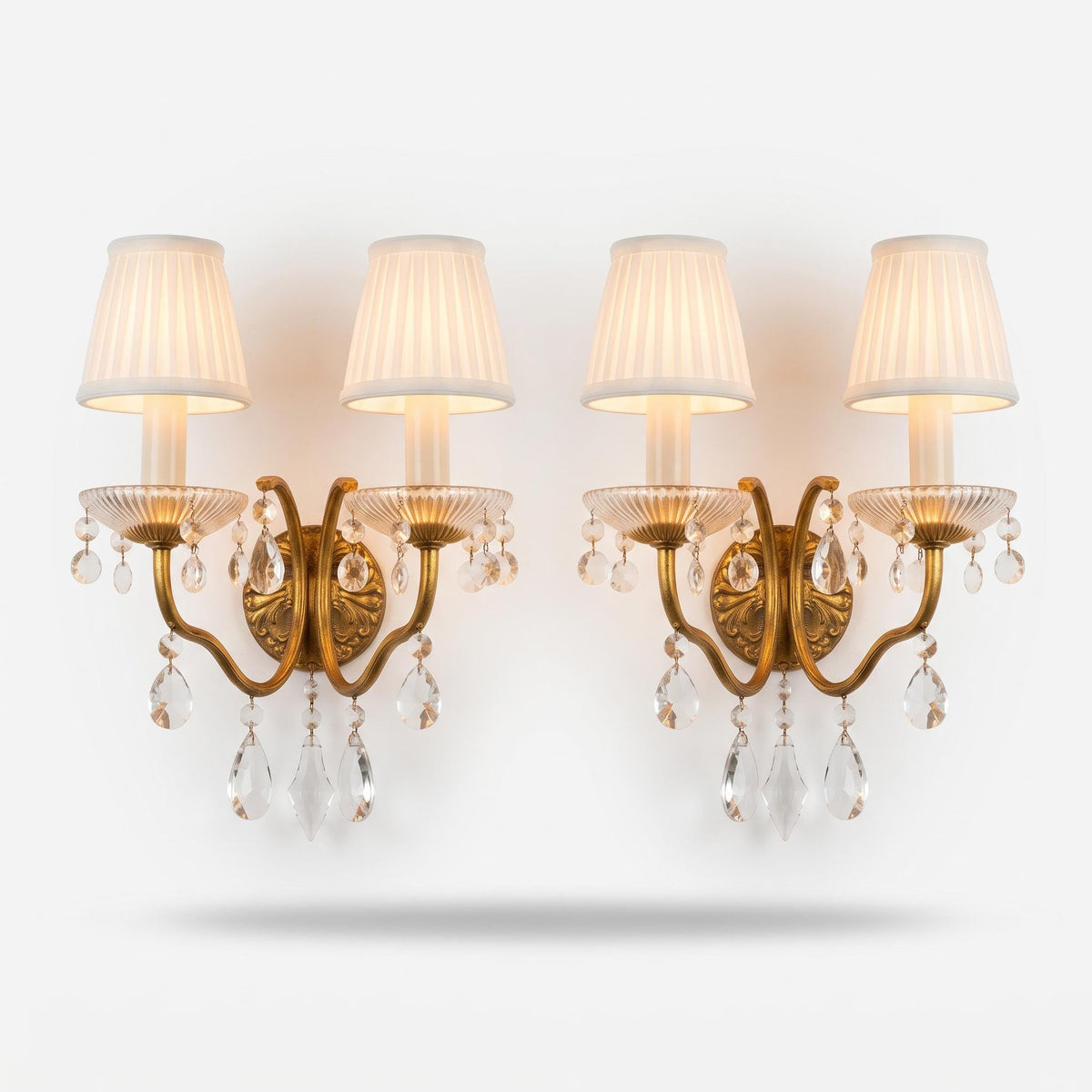 Pair of Brass Two-Arm Wall Sconces with Glass Drops and Ribbed Bobeches, Vintage