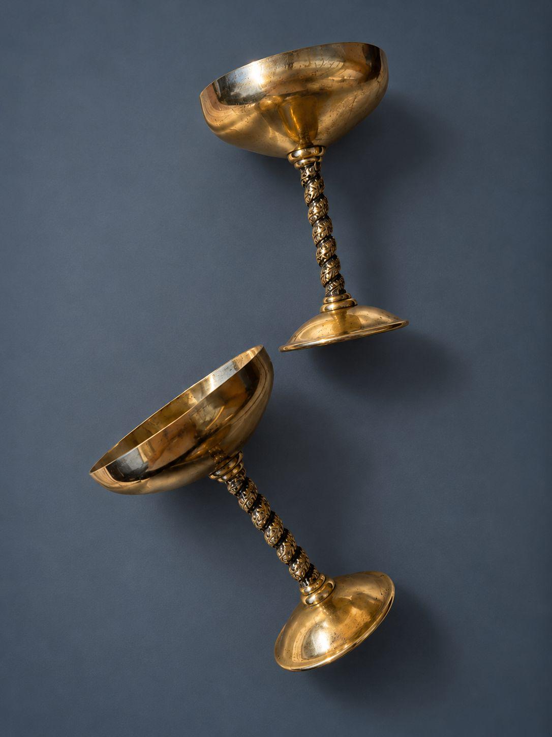 Pair of Vintage Brass Champagne Coupes with Twisted Grape Vine Stems, Footed Goblets, Mid Century Bar Cart or Table Decor
