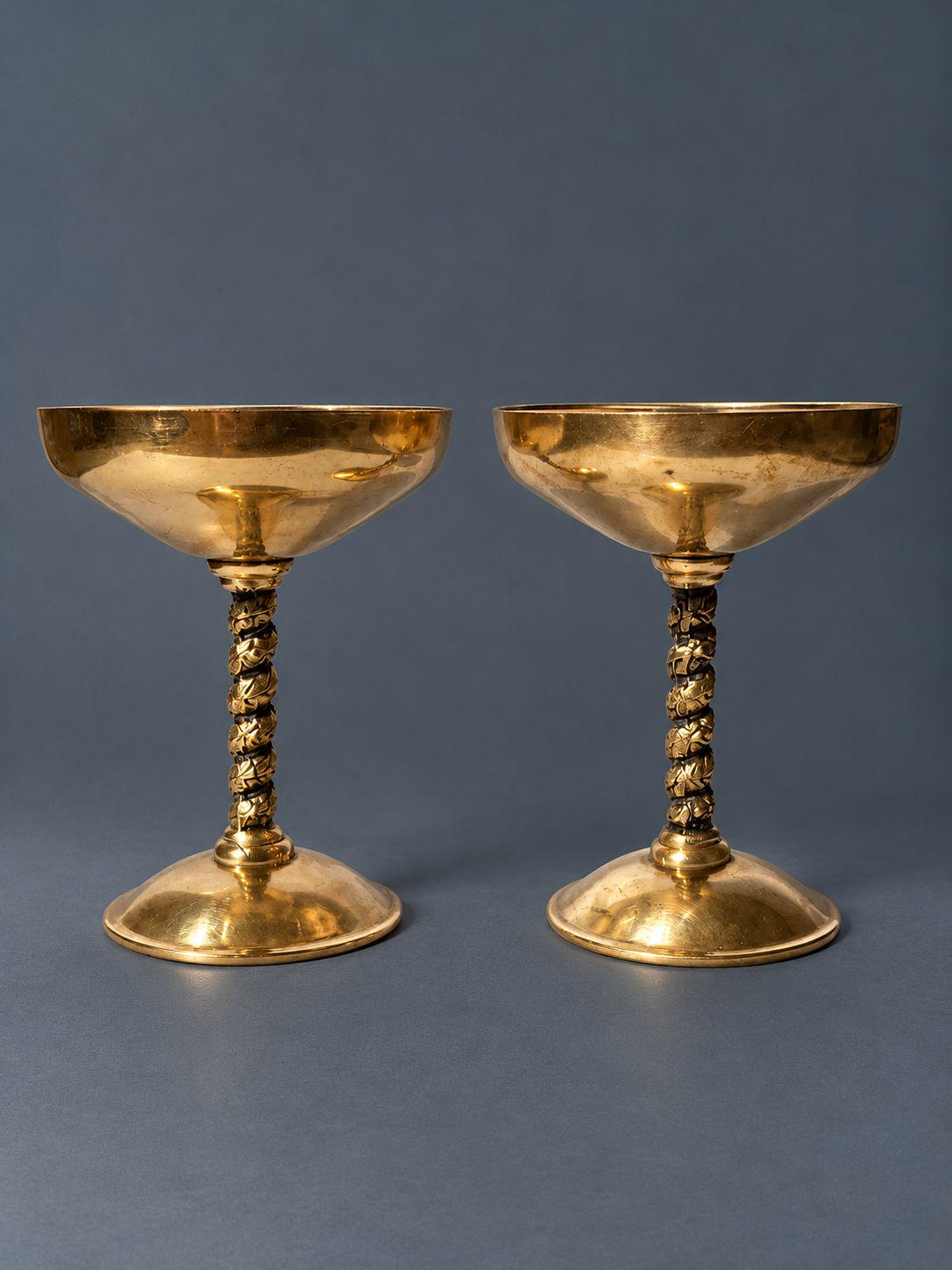 Pair of Vintage Brass Champagne Coupes with Twisted Grape Vine Stems, Footed Goblets, Mid Century Bar Cart or Table Decor