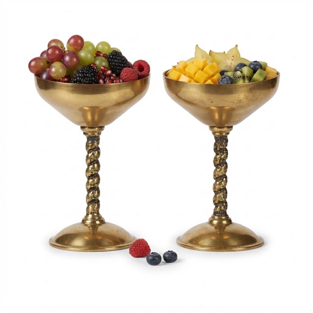 Pair of Vintage Brass Champagne Coupes with Twisted Grape Vine Stems, Footed Goblets, Mid Century Bar Cart or Table Decor